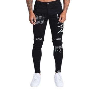 Legend London Jeans Men’s 34 X 28 Black White Font Graffiti Stretch NWT